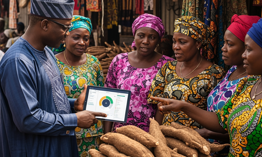 A government official using a digital tablet for community sentiment analysis for government while listening to traders in a busy Nigerian market.