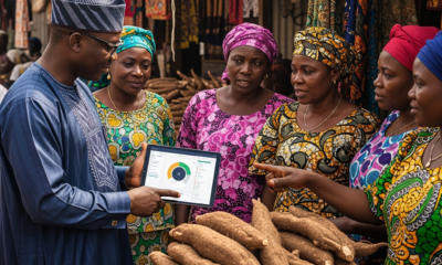A government official using a digital tablet for community sentiment analysis for government while listening to traders in a busy Nigerian market.