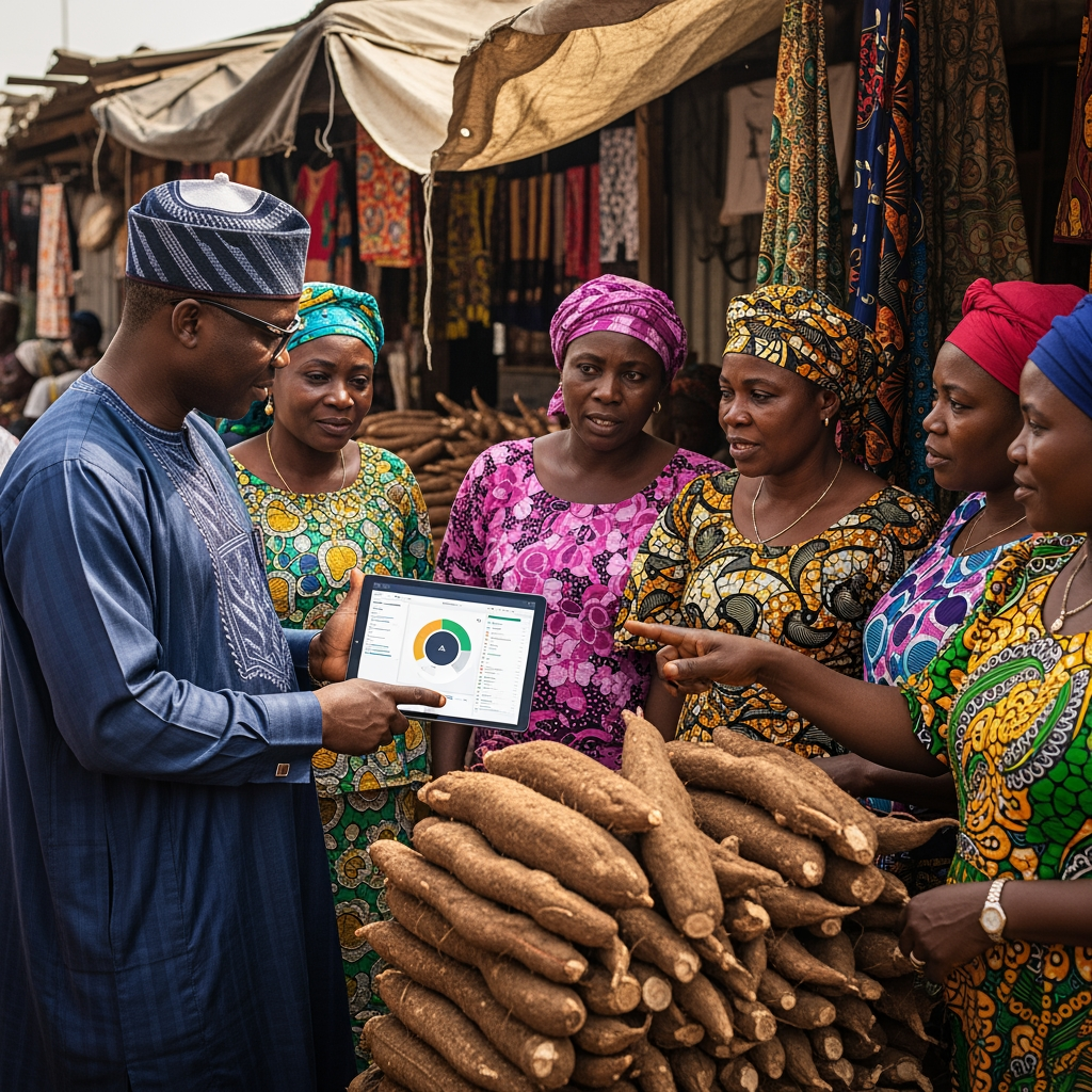 A government official using a digital tablet for community sentiment analysis for government while listening to traders in a busy Nigerian market.