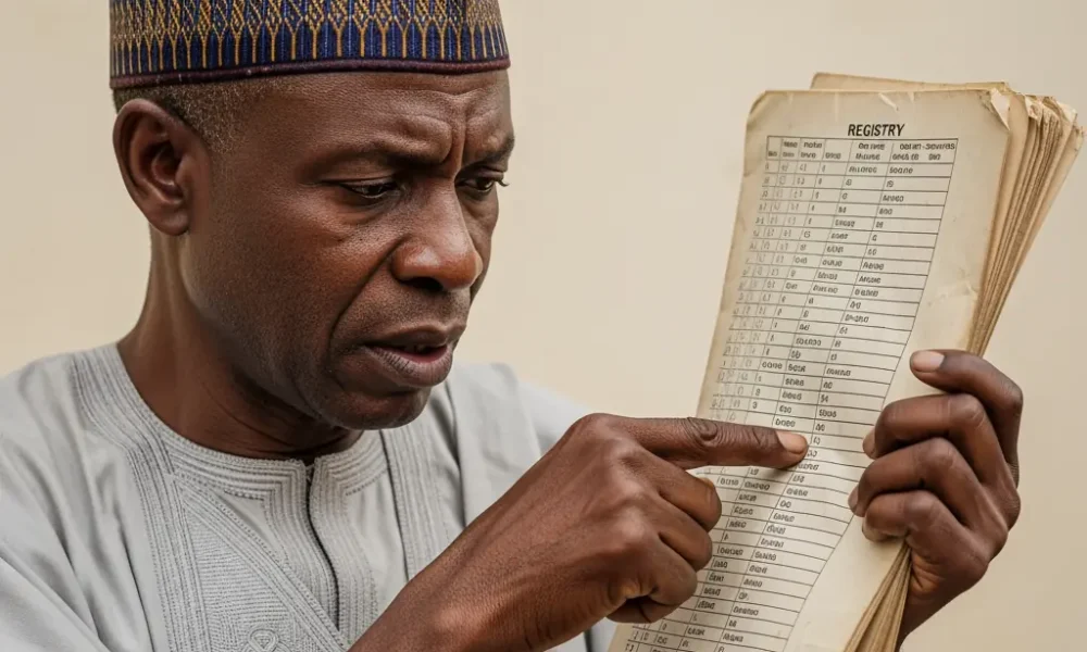 A close-up of a concerned Nigerian man scrutinizing names in a manual registry, representing the concept of a Ghost in the Ballot Box.