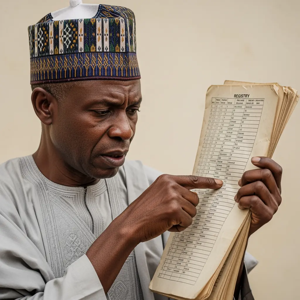 A close-up of a concerned Nigerian man scrutinizing names in a manual registry, representing the concept of a Ghost in the Ballot Box.