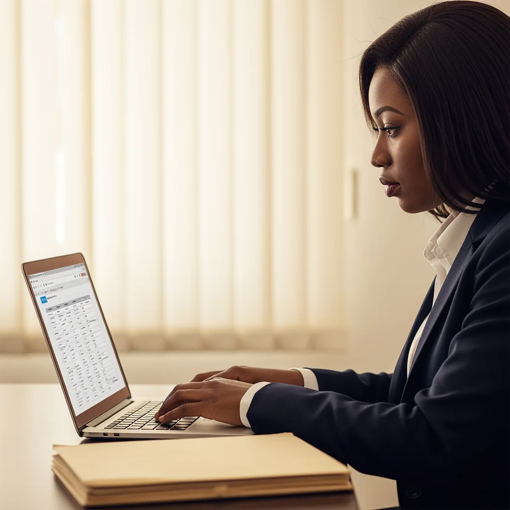 A Nigerian professional woman digitizing land records on a laptop to prevent The Missing File of the Widow's Land through secure electronic backups.