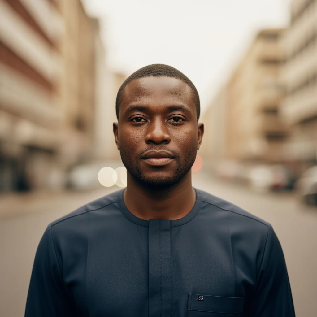 A lone man standing in sharp focus against a blurred background, representing a person without digital identification.