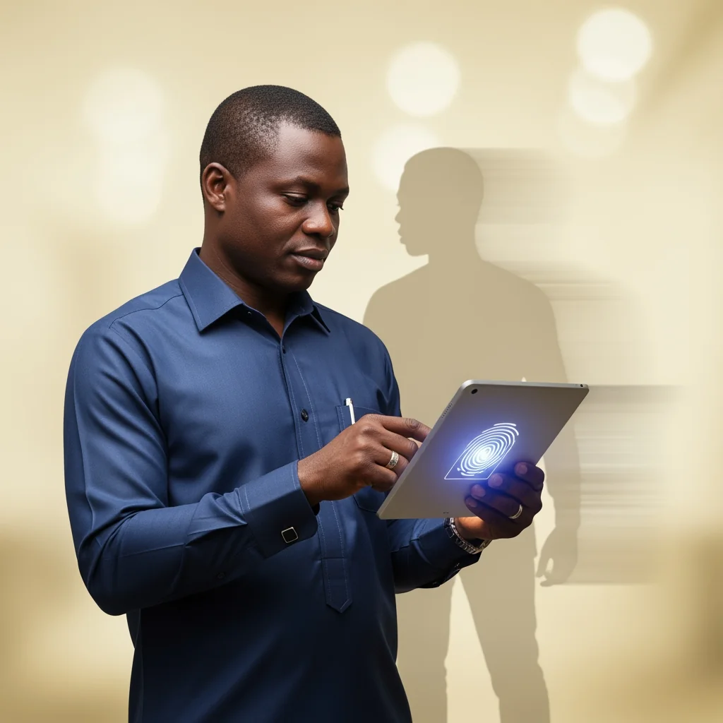 A Nigerian official using a biometric tablet to identify and remove a spectral ghost worker, showing how Digital Records Stop Money Leakage.