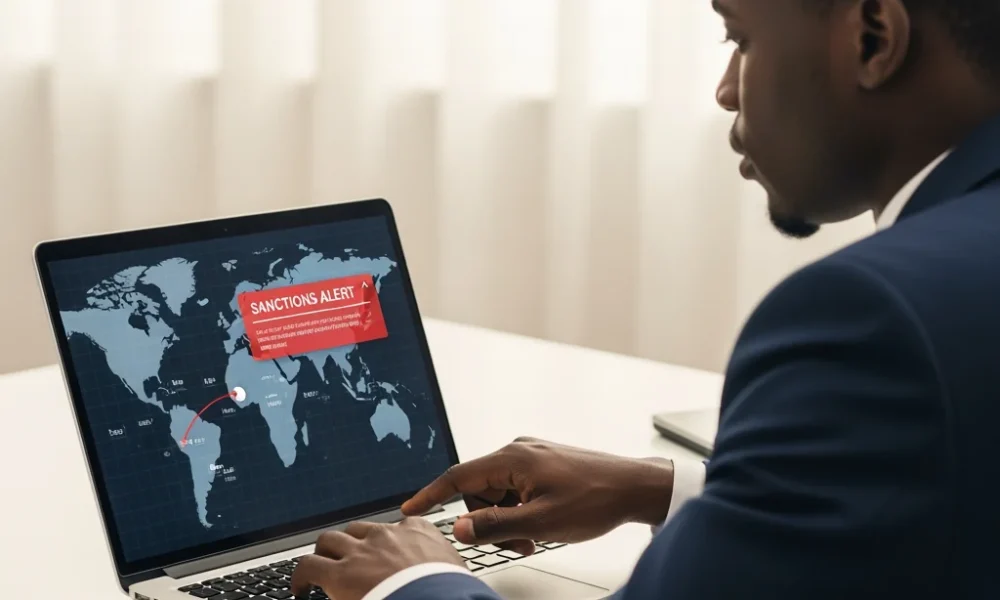 A professional in Nigeria reviewing a digital transaction alert to ensure compliance with Sanctions Modern Digital Banking Age protocols.