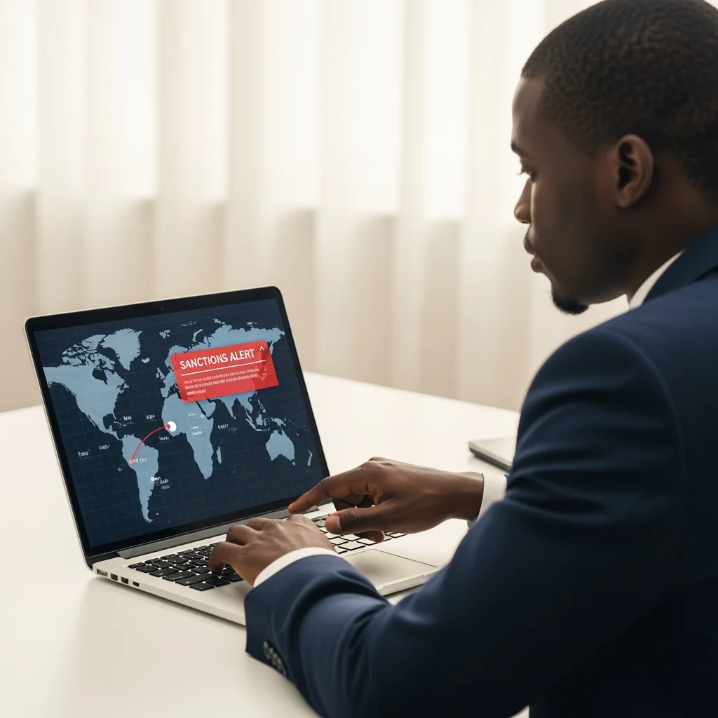 A professional in Nigeria reviewing a digital transaction alert to ensure compliance with Sanctions Modern Digital Banking Age protocols.