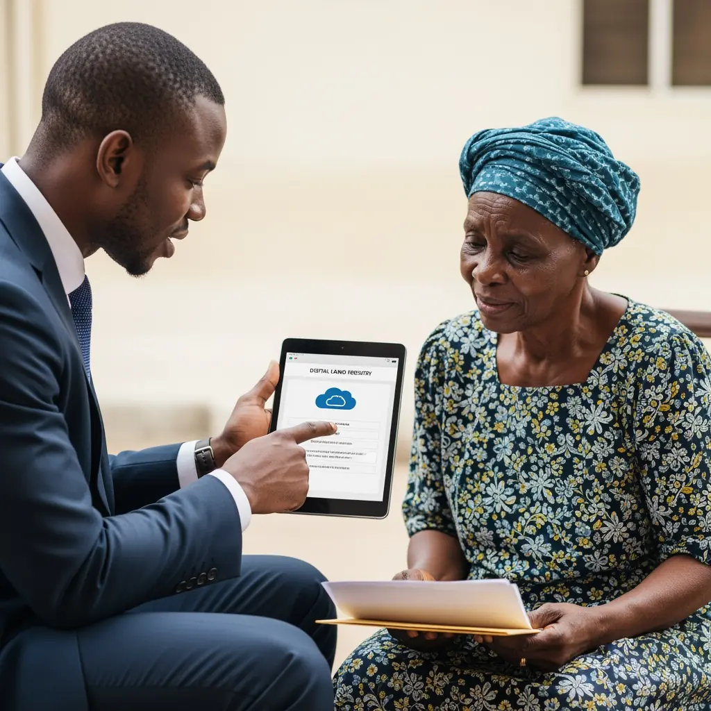 A Nigerian lawyer and a widow viewing a digital land registry on a tablet, illustrating how new laws prevent the issue of The Missing File of the Widow's Land.
