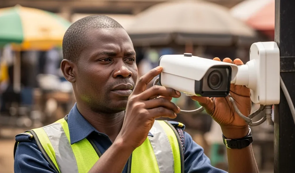 A professional security officer in a reflective vest using cameras to watch markets and busy roads in a Nigerian trade hub.