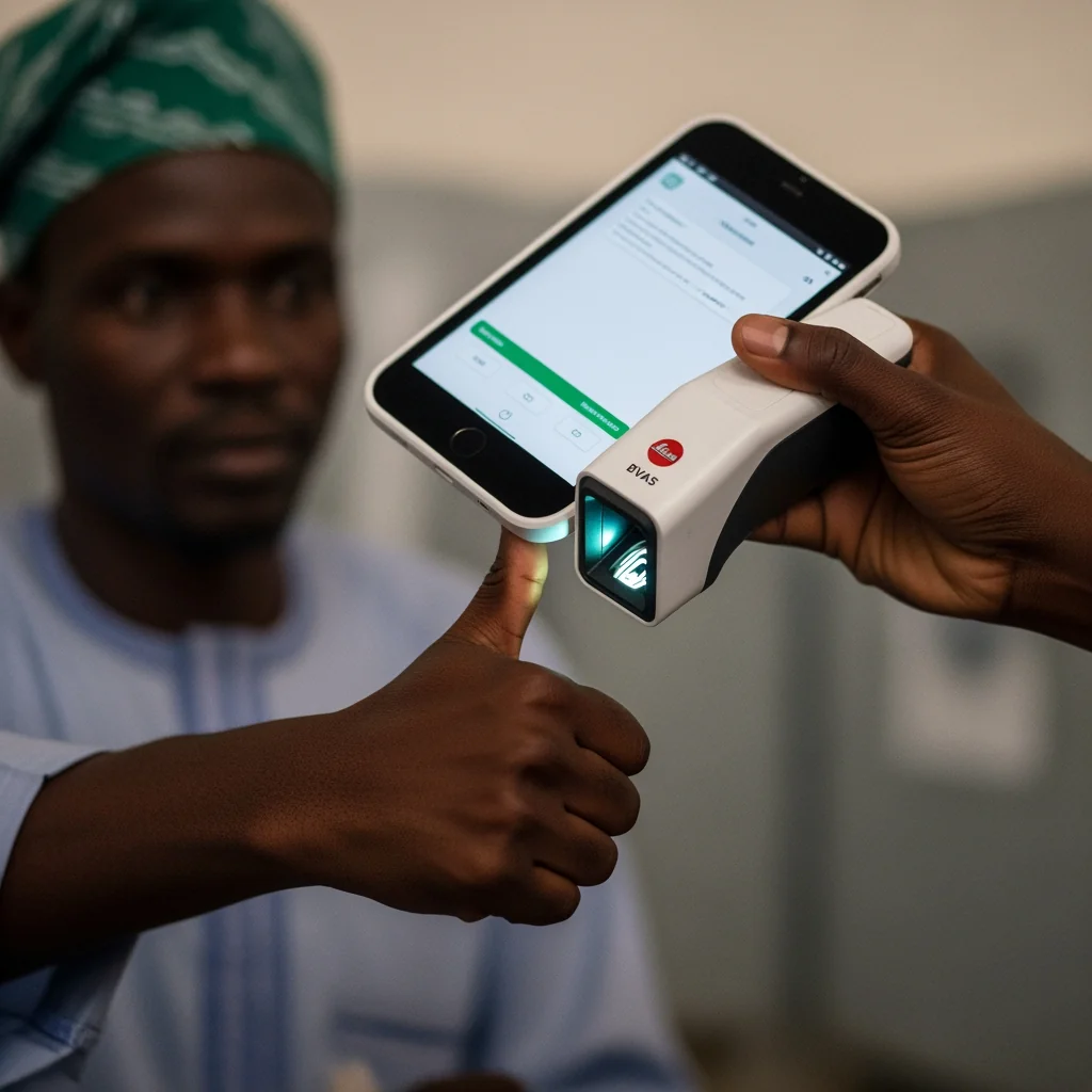 A Nigerian citizen using the BVAS machine for biometric thumbprint scan for secure electronic voting in Nigeria.