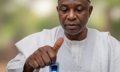 A close-up of a Nigerian citizen using a biometric scanner on a digital tablet for Secure Electronic Voting in Nigeria.