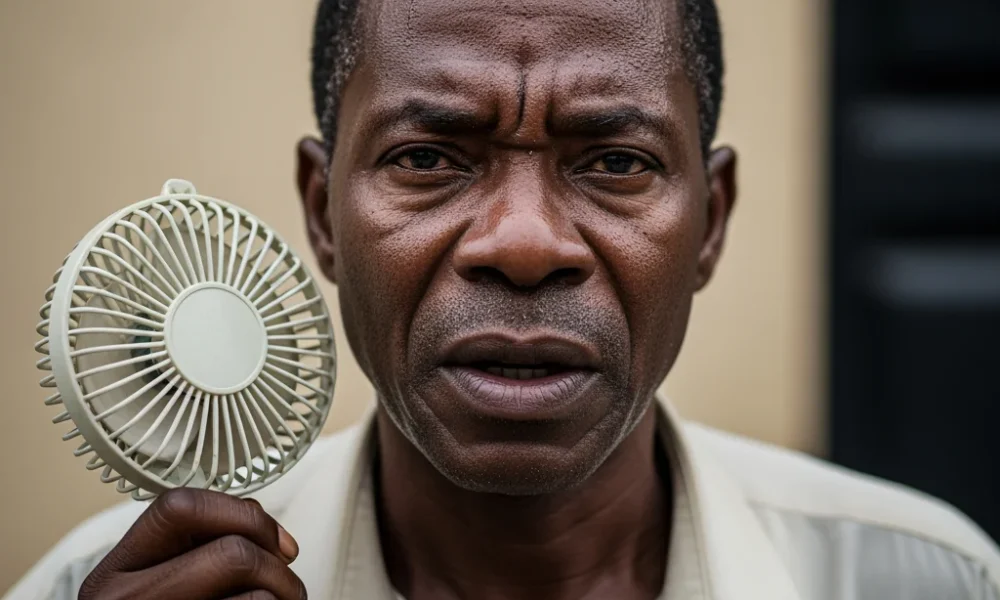 A close-up portrait of an exhausted Nigerian man in a dark room after when the transformer blew in July.