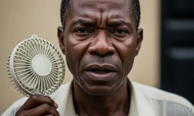 A close-up portrait of an exhausted Nigerian man in a dark room after when the transformer blew in July.