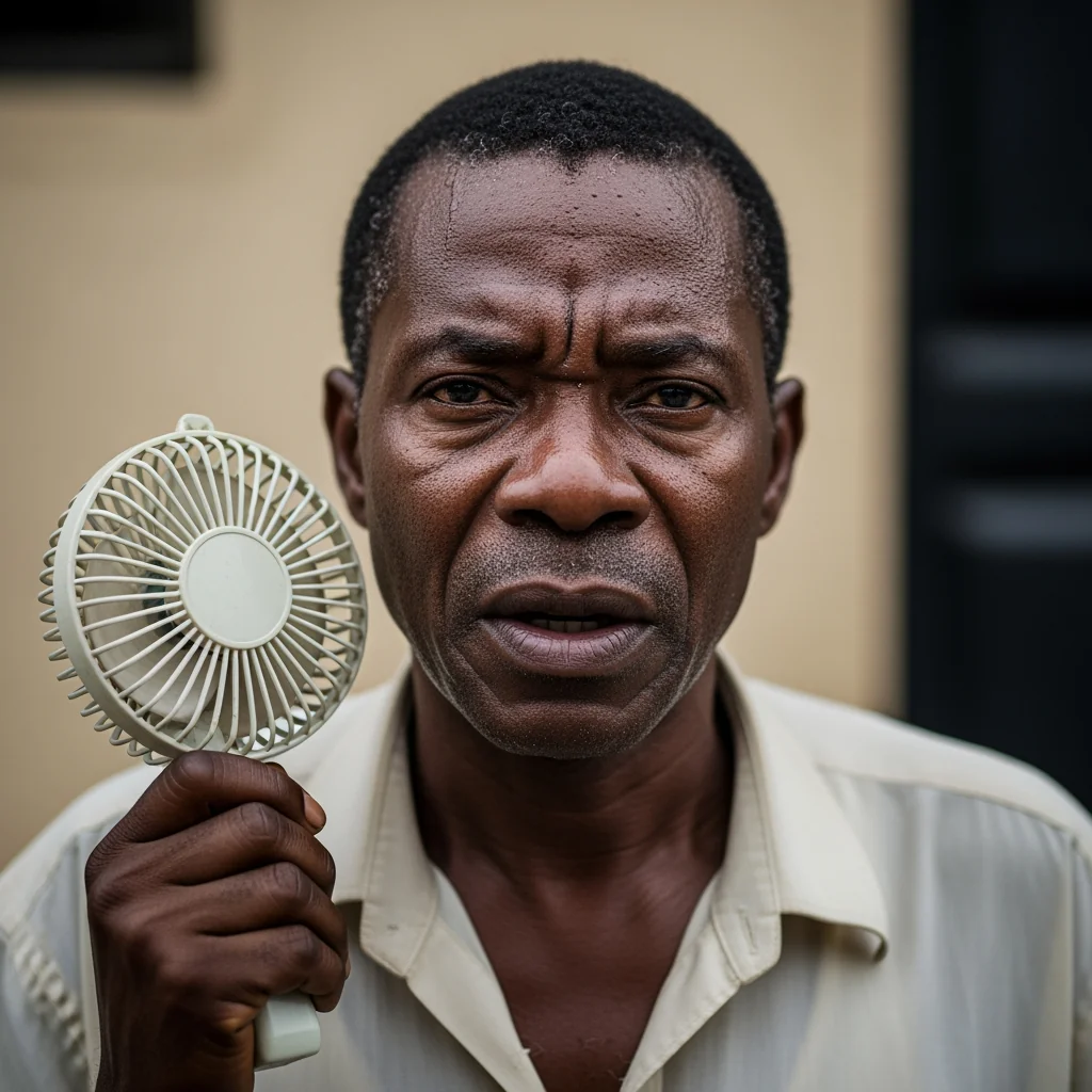 A close-up portrait of an exhausted Nigerian man in a dark room after when the transformer blew in July.