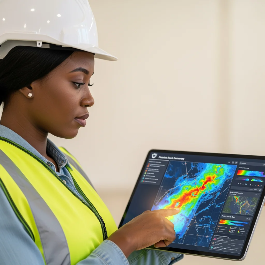 A Nigerian female civil engineer analyzing satellite monitoring data on a tablet to prevent the recurrence of Flood Water in the Governor's Inbox.