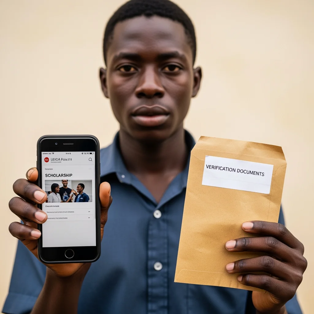 A tired Nigerian student holding a smartphone and a physical document folder, representing the digital-to-physical barrier of The Scholarship That Never Left Asaba.