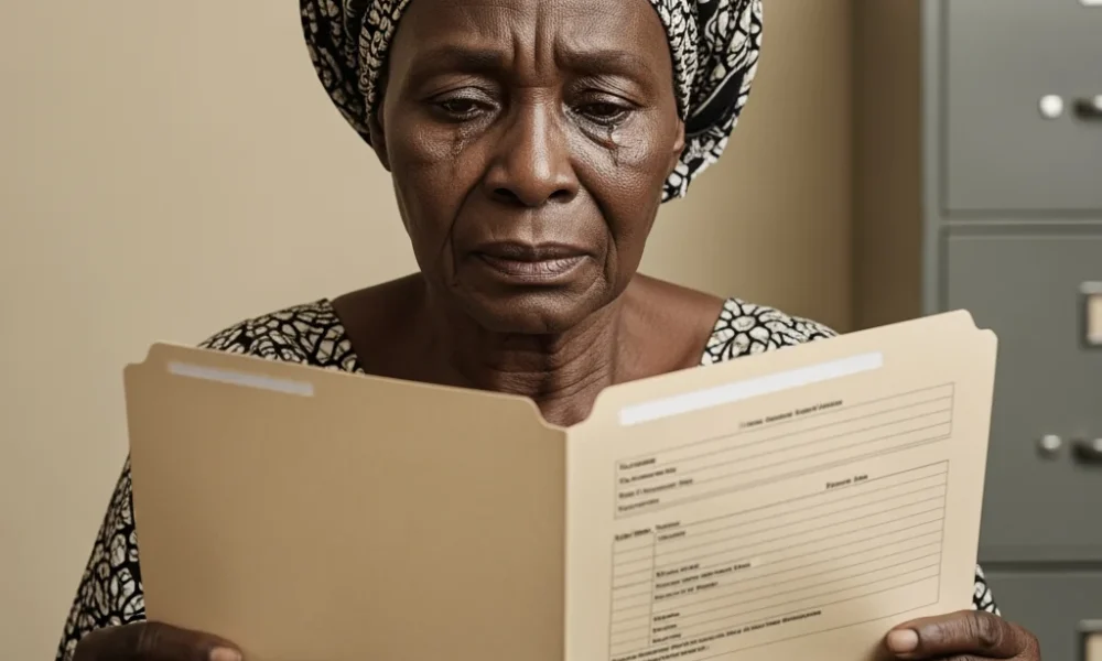 An elderly Nigerian widow looking distressed while holding an empty folder, illustrating the tragedy of The Missing File of the Widow’s Land.