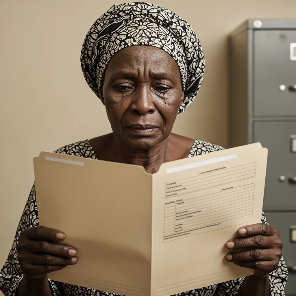 An elderly Nigerian widow looking distressed while holding an empty folder, illustrating the tragedy of The Missing File of the Widow’s Land.