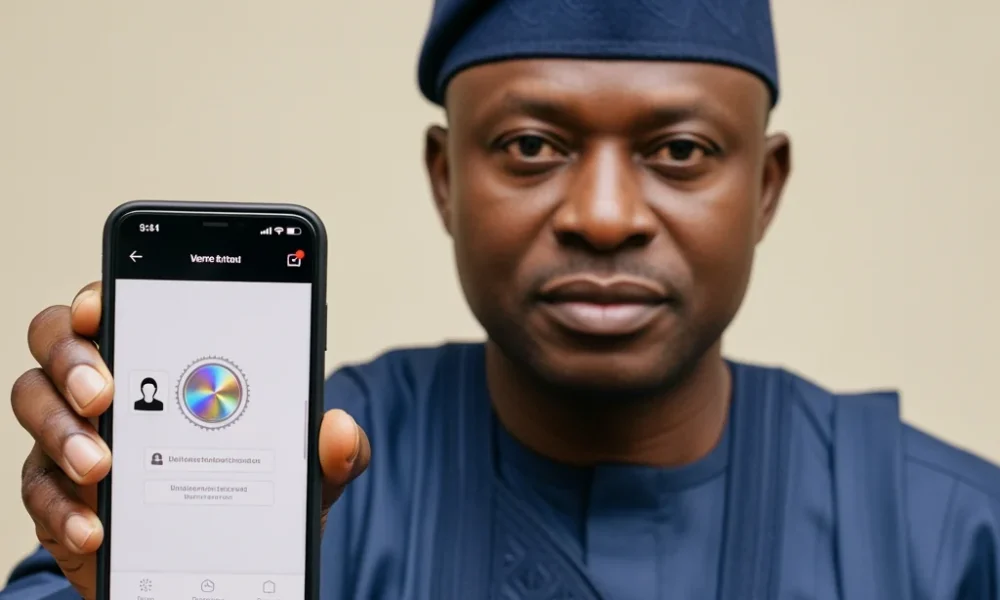 A close-up of a focused Nigerian man holding a smartphone, representing the Use of NIN to Trace and verify digital communication footprints.