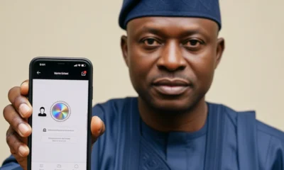 A close-up of a focused Nigerian man holding a smartphone, representing the Use of NIN to Trace and verify digital communication footprints.