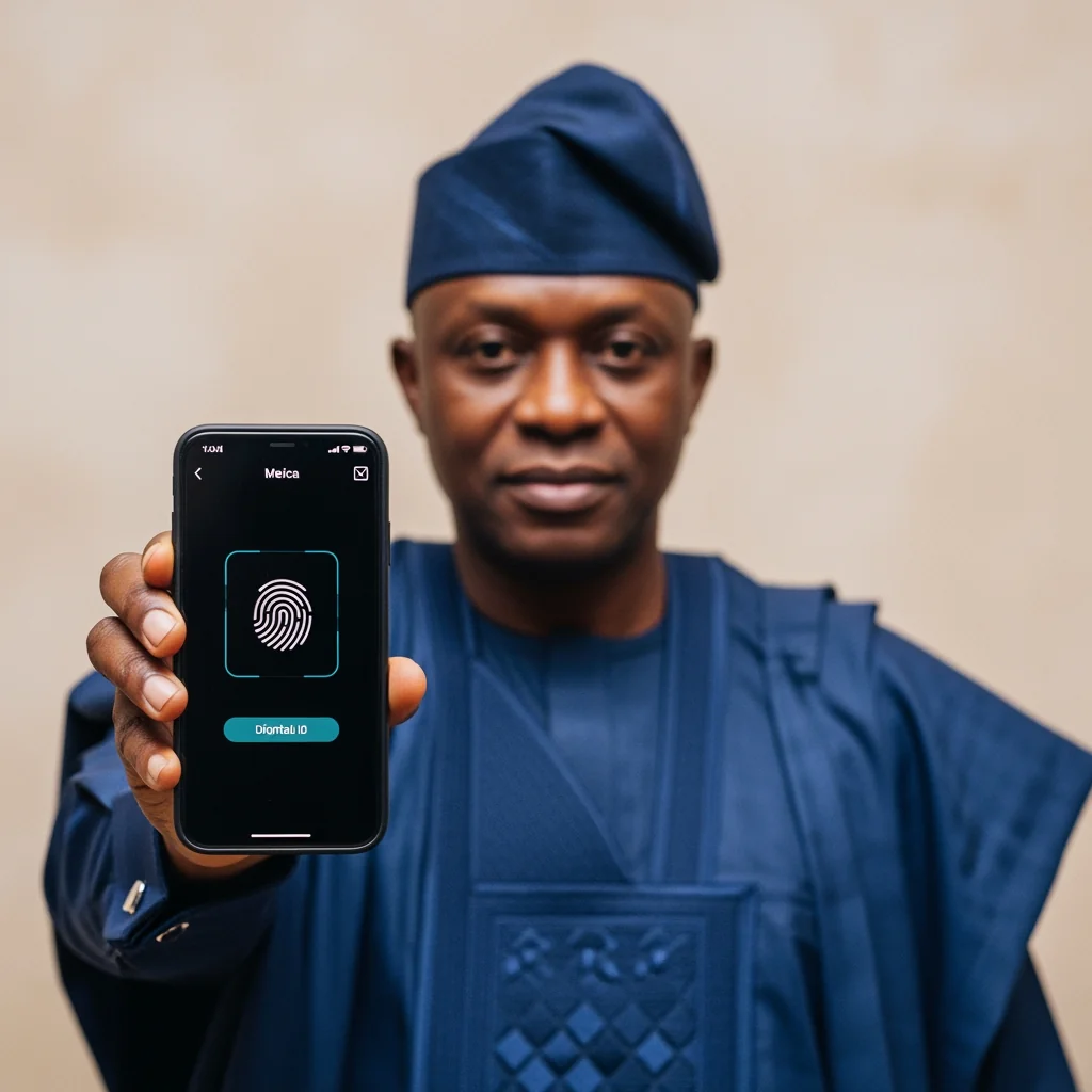 A middle-aged Nigerian man in a navy blue agbada showcasing a secure mobile identity interface, representing Digital IDs Future National Security.