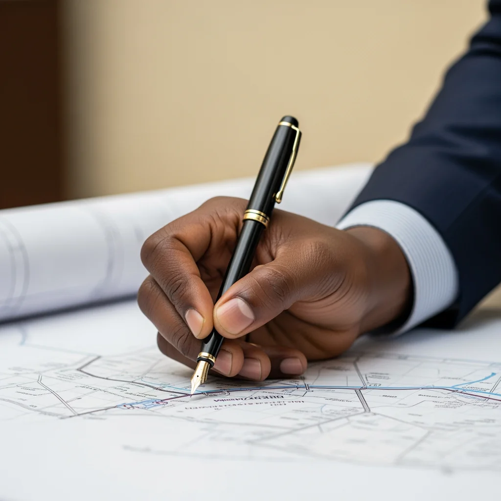 A close-up shot of a hand signing a formal development document for a road that exists only on paper, featuring a creamy blurred background.