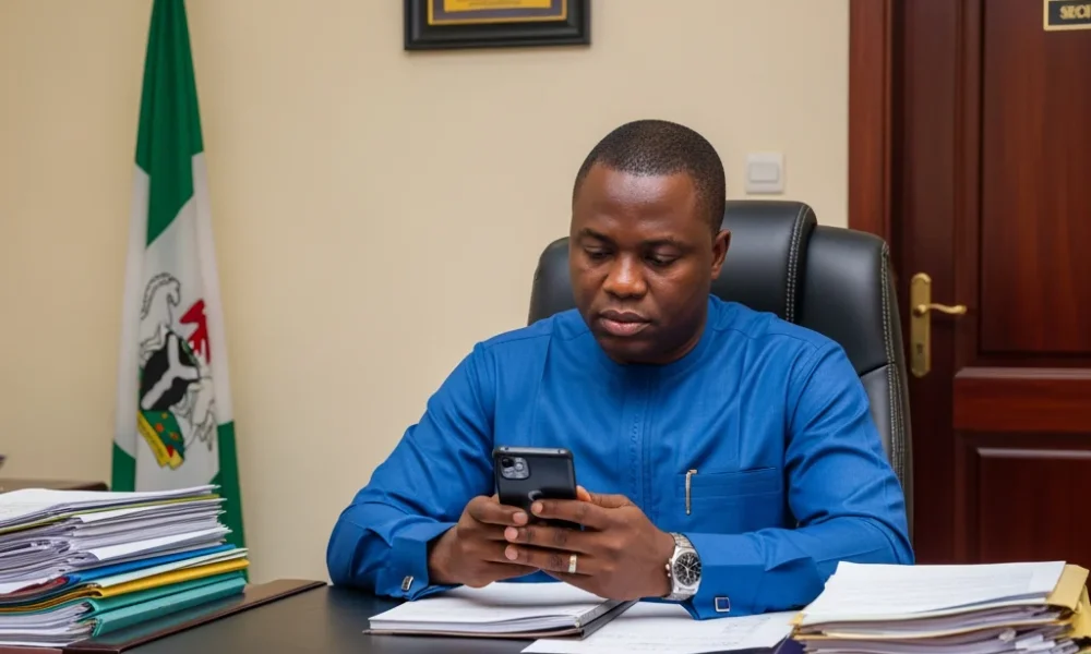 A Nigerian professional using a smartphone in a traditional government office, illustrating the shift to digital citizen engagement platforms for states.