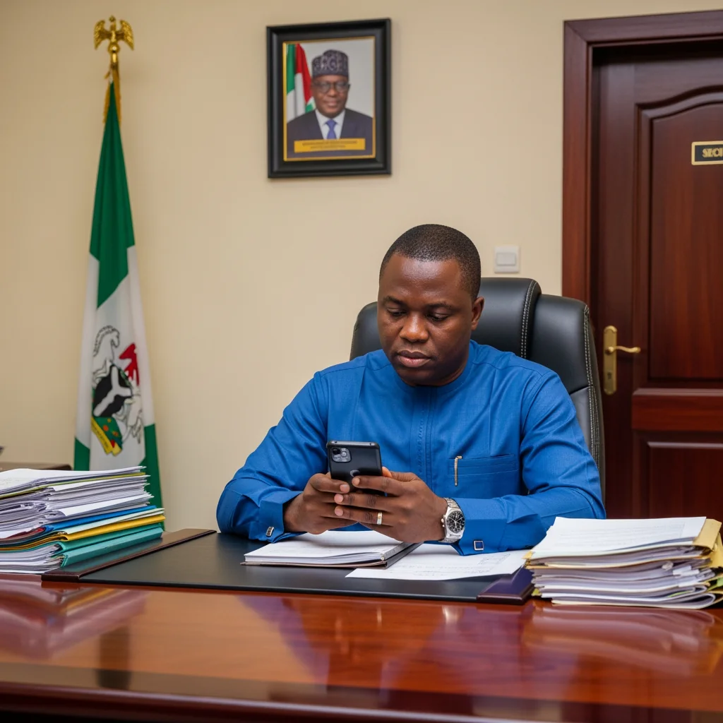 A Nigerian professional using a smartphone in a traditional government office, illustrating the shift to digital citizen engagement platforms for states.