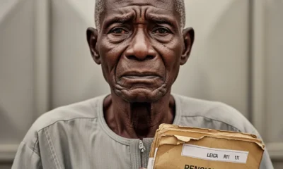 A close-up documentary-style photo of an elderly Nigerian man with a weary face holding a tattered brown envelope, representing The Pensioner Who Slept at the Gate.