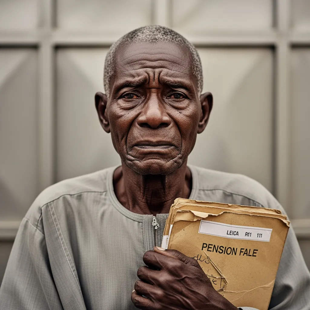 A close-up documentary-style photo of an elderly Nigerian man with a weary face holding a tattered brown envelope, representing The Pensioner Who Slept at the Gate.