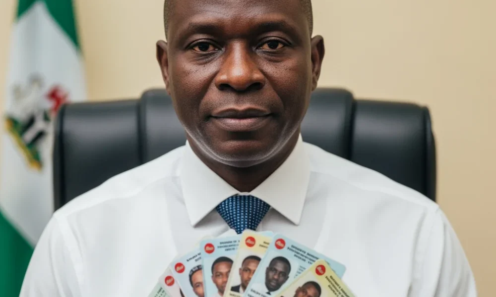 A close-up of The Civil Servant with Ten Names, a Nigerian man holding multiple different identity cards in a blurred office setting.