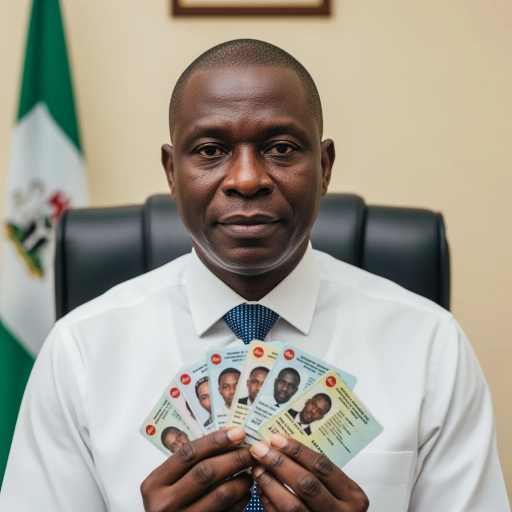 A close-up of The Civil Servant with Ten Names, a Nigerian man holding multiple different identity cards in a blurred office setting.