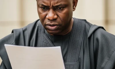 A middle-aged Nigerian man in traditional agbada intensely reviewing a legal document, demonstrating the importance of avoiding pit snare of law.