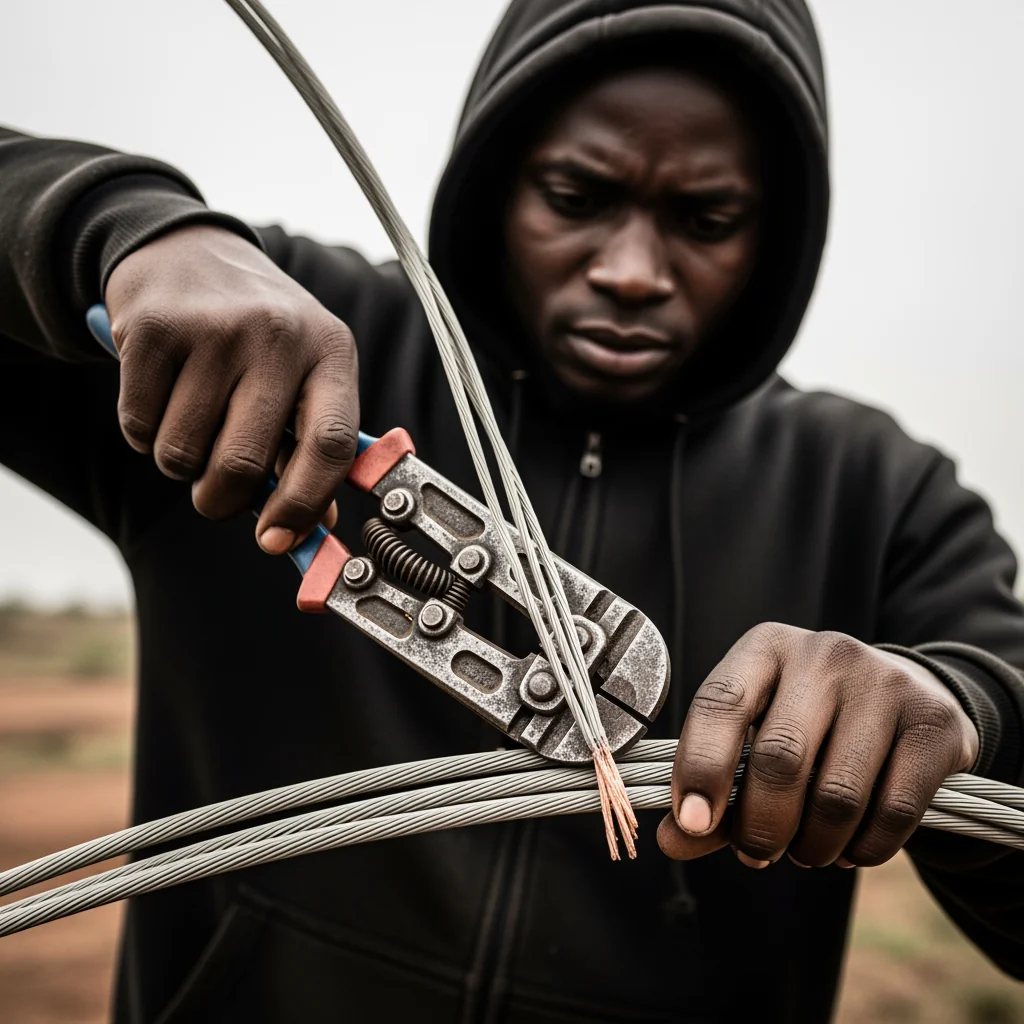 A close-up of a person using industrial cutters on copper wiring, illustrating Base Transceiver Station Vandalism and the theft of telecommunications equipment.
