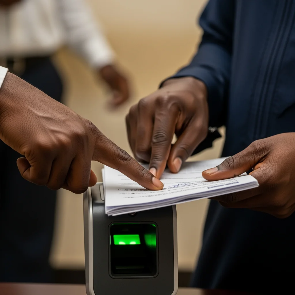 Sharp focus on a thumb pressing a biometric scanner on a mahogany surface. improving government efficiency through ICT documentary
