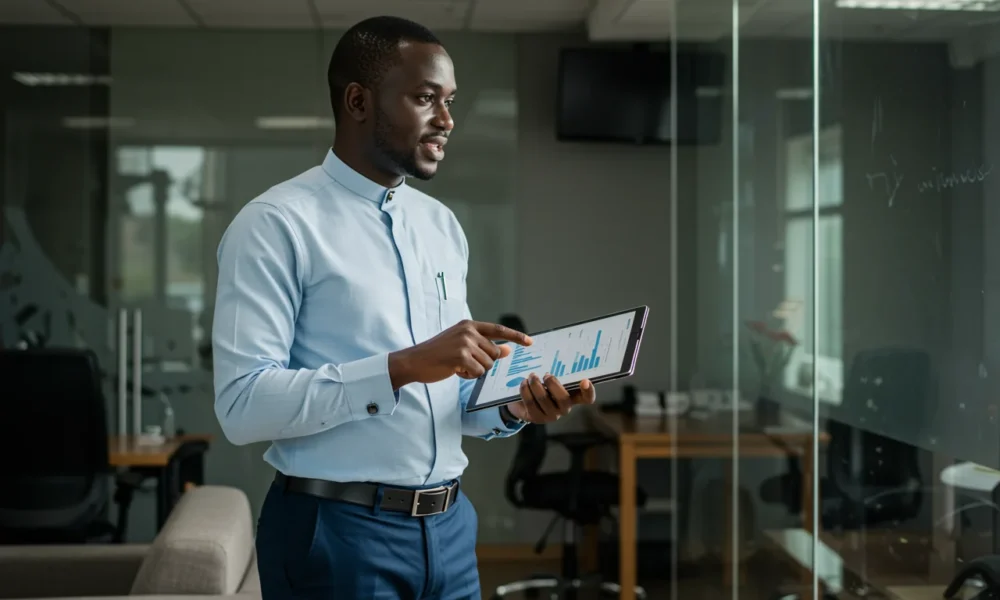 A professional consultant demonstrating Sales expert knowledge in a modern office setting