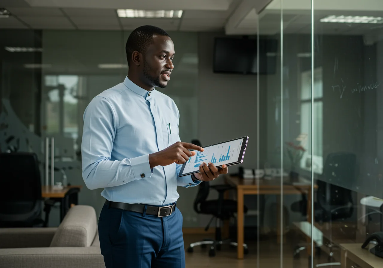 A professional consultant demonstrating Sales expert knowledge in a modern office setting