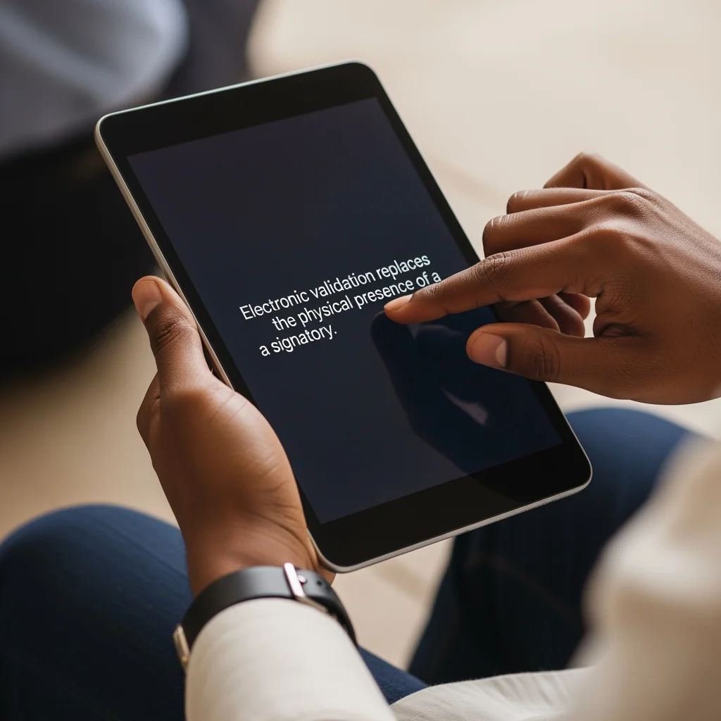 Close-up of hands using a digital pen on a tablet to sign a document. digital signature implementation in public sector documentary