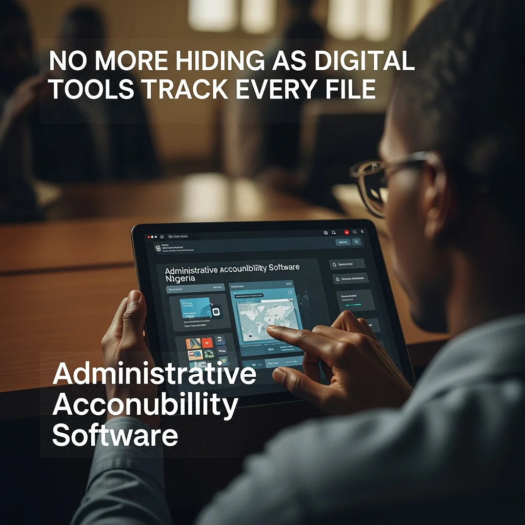 Close-up of a Nigerian official's eyes reflecting a digital screen, symbolizing administrative accountability software Nigeria