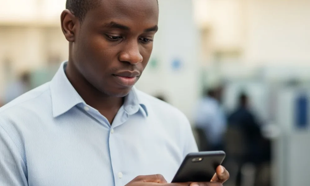 A Nigerian professional using a mobile banking app with heavily blurred Physical Bank Branches in the background.