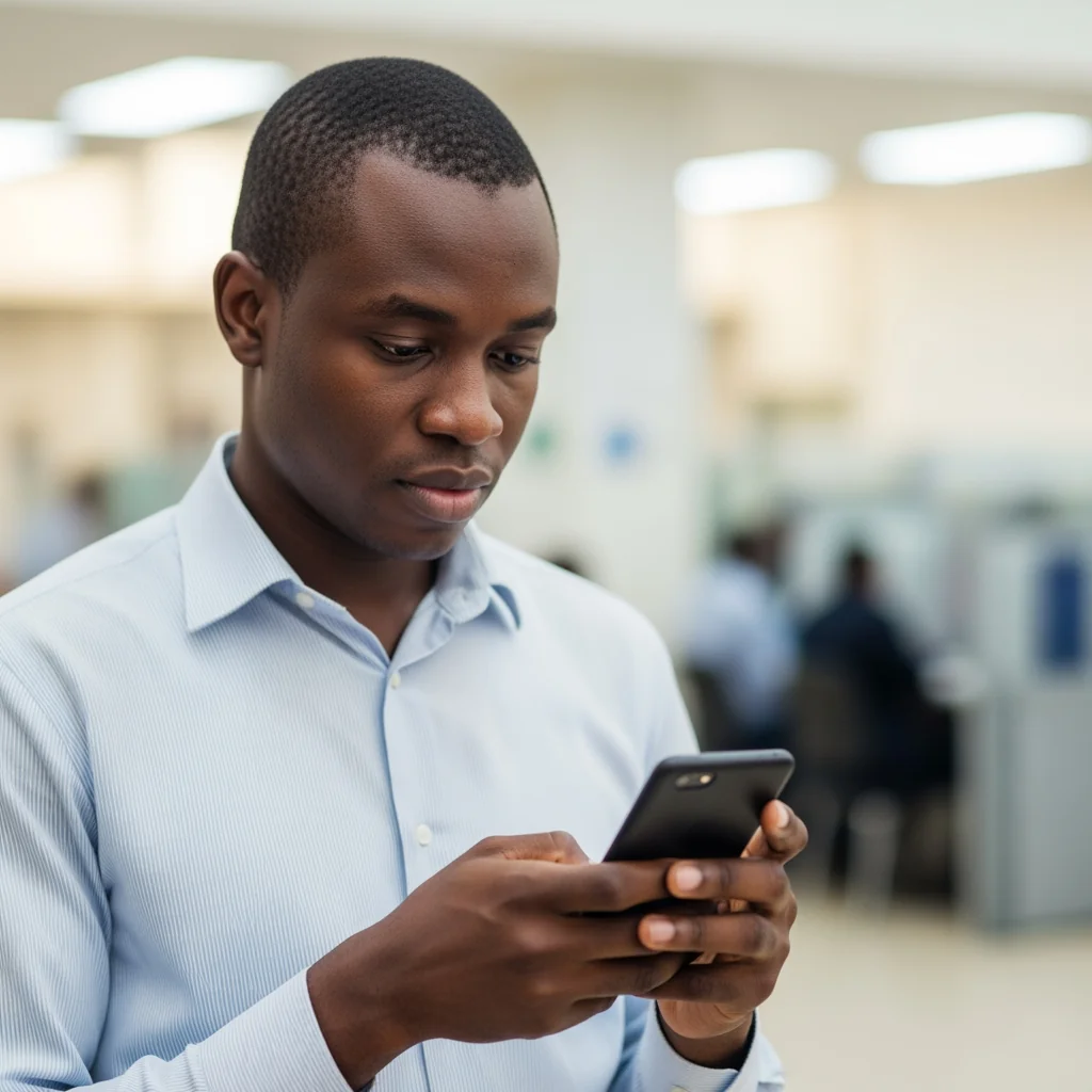 A Nigerian professional using a mobile banking app with heavily blurred Physical Bank Branches in the background.