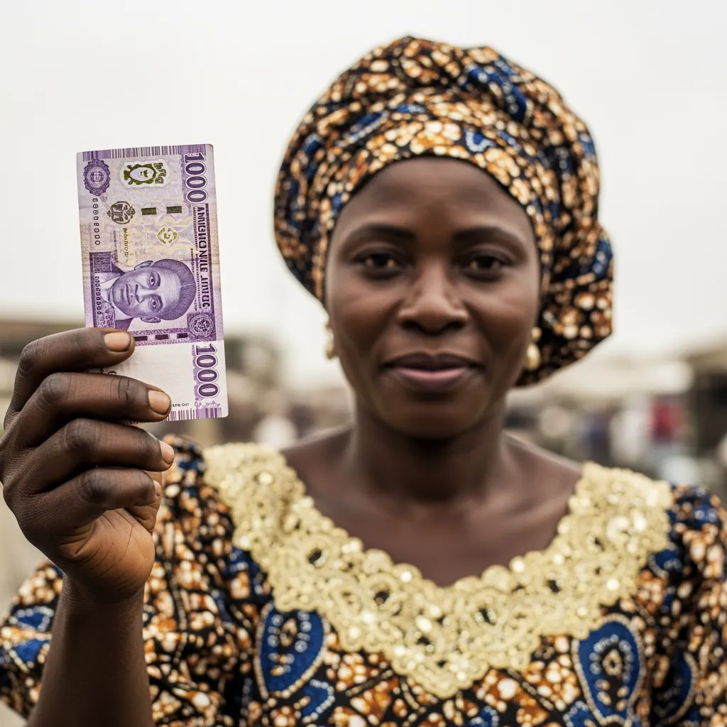 A close-up of a Nigerian market trader holding a 1000 Naira note, representing the Physical Cash King in West African commerce.