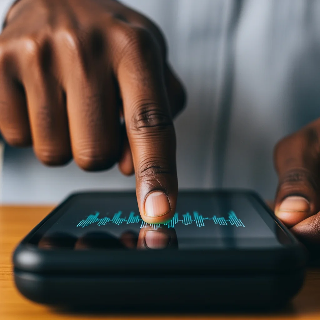 A civil servant activates a digital signature implementation in public sector on a tablet device at a mahogany desk in a Lagos government office.