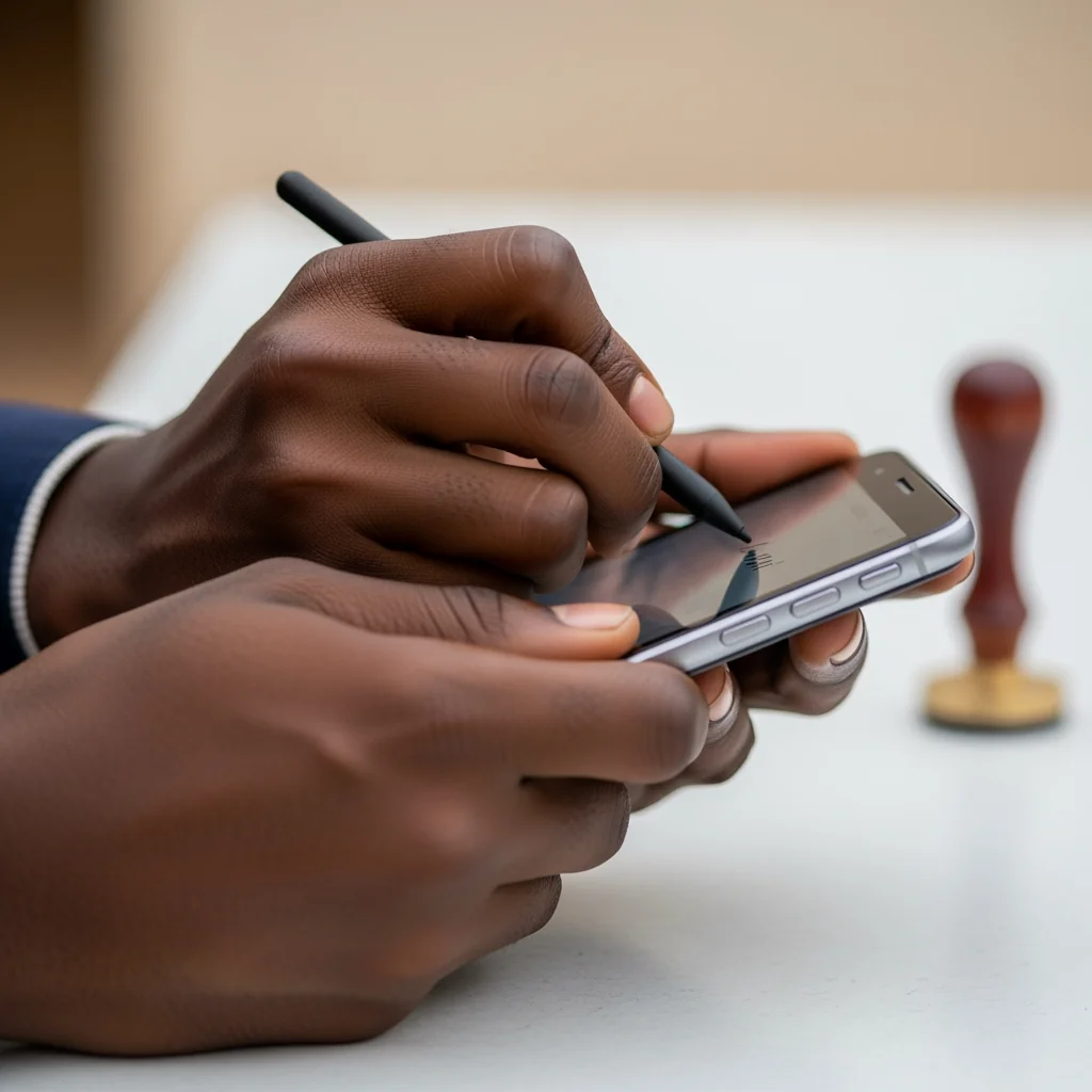 A clerk sets aside an old wooden seal to make way for digital signature implementation in public sector in a Nigerian government office.