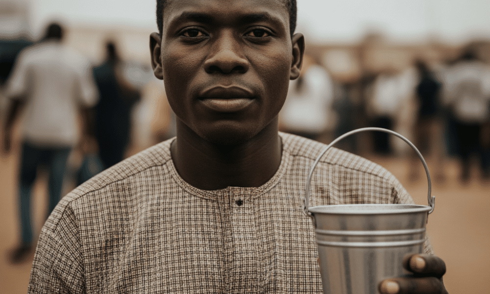 Close-up of a Nigerian administrator in Burnt Orange starched lace for preventing revenue leakage in state government