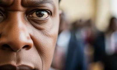 Extreme close-up of an administrator in Deep Indigo lace, his eyes reflecting the light of a digital tablet.