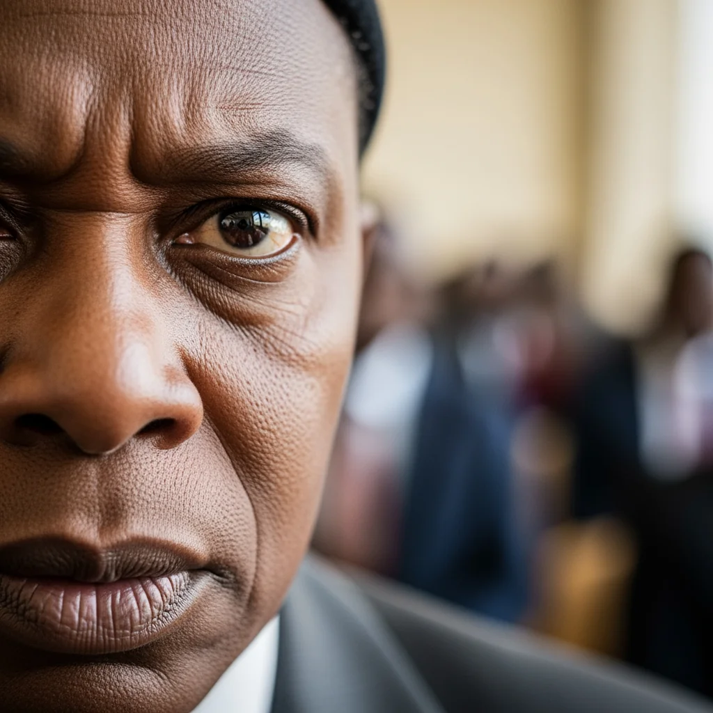 Extreme close-up of an administrator in Deep Indigo lace, his eyes reflecting the light of a digital tablet.