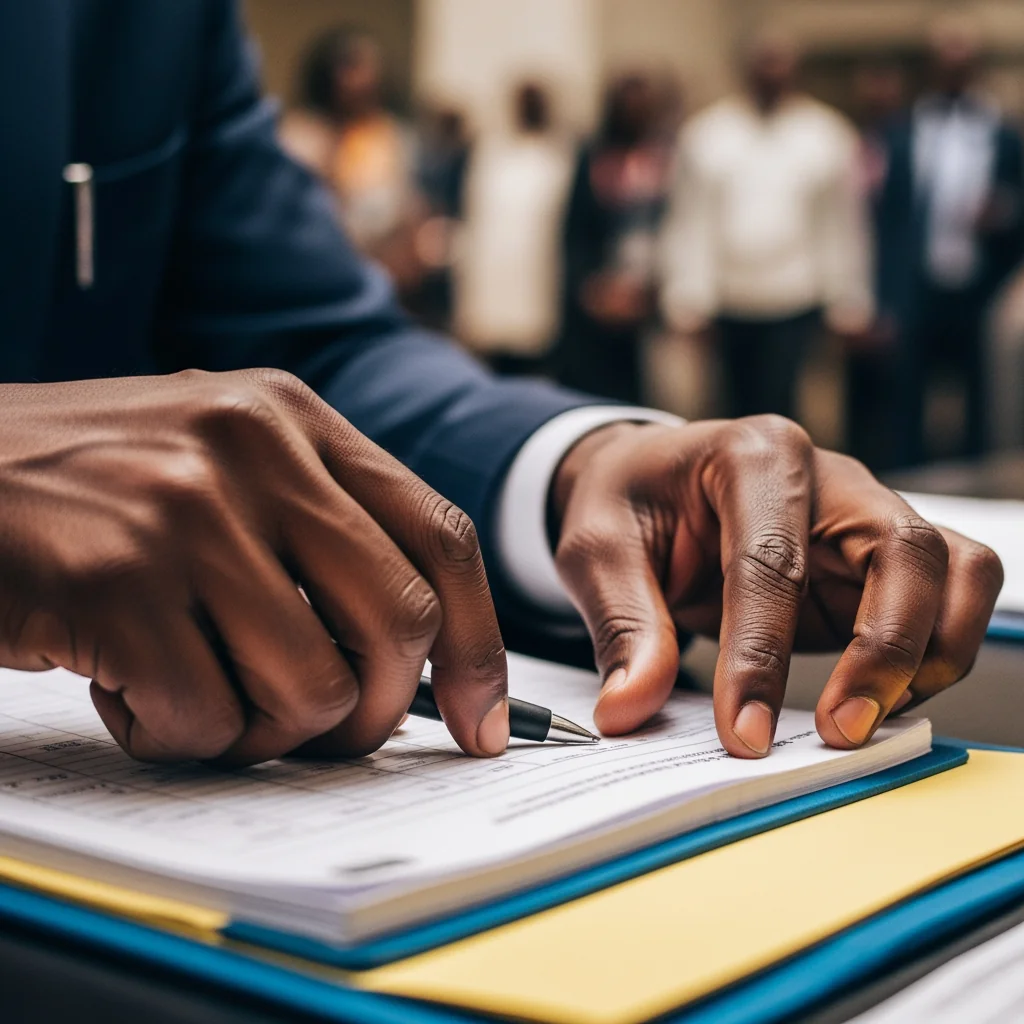 Hands tying a paper file with twine for electronic document management for state ministries