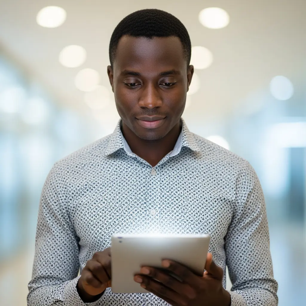 A focused Nigerian IT professional holding a glowing digital tablet representing the Vault of Digital Future with a completely blurred background.