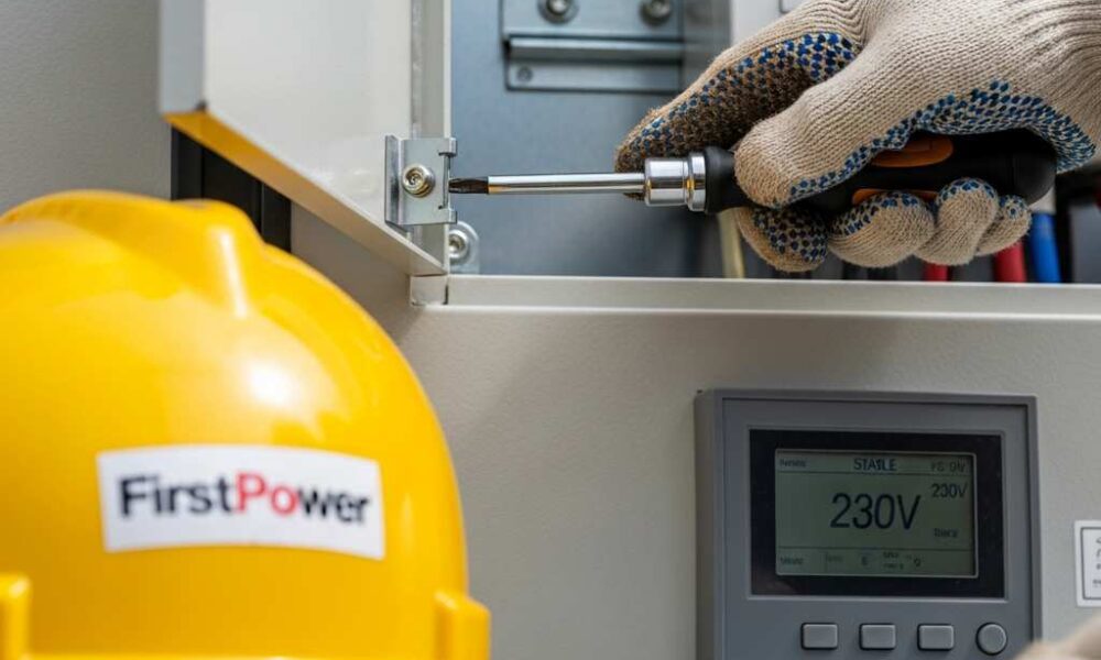 Close-up technician's gloved hand installing a cover on modern electrical switchgear.