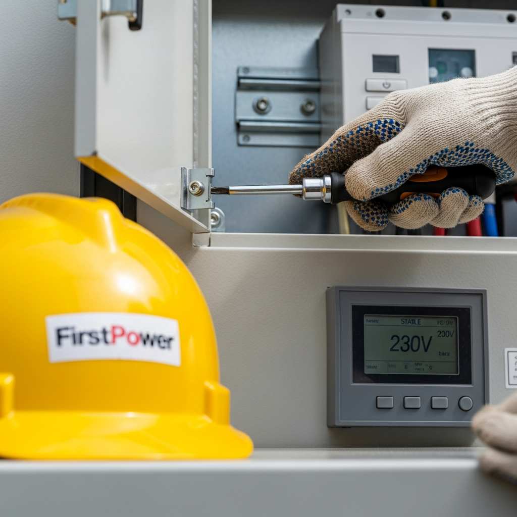 Close-up technician's gloved hand installing a cover on modern electrical switchgear.